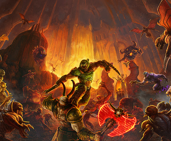 The iconic doom-guy in the middle of hell fighting against hordes of demon coming from all directions.