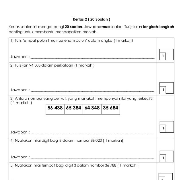 Soalan Matematik Tahun 1 Bumi Gemilang - Contoh Win