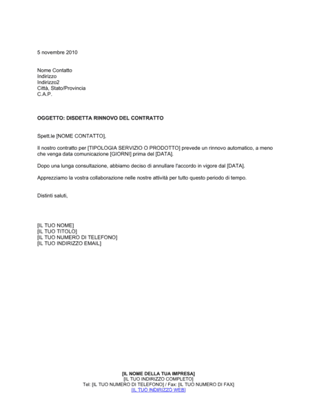 Modulo Disdetta Contratto Di Locazione Word - Esempio di lettera di