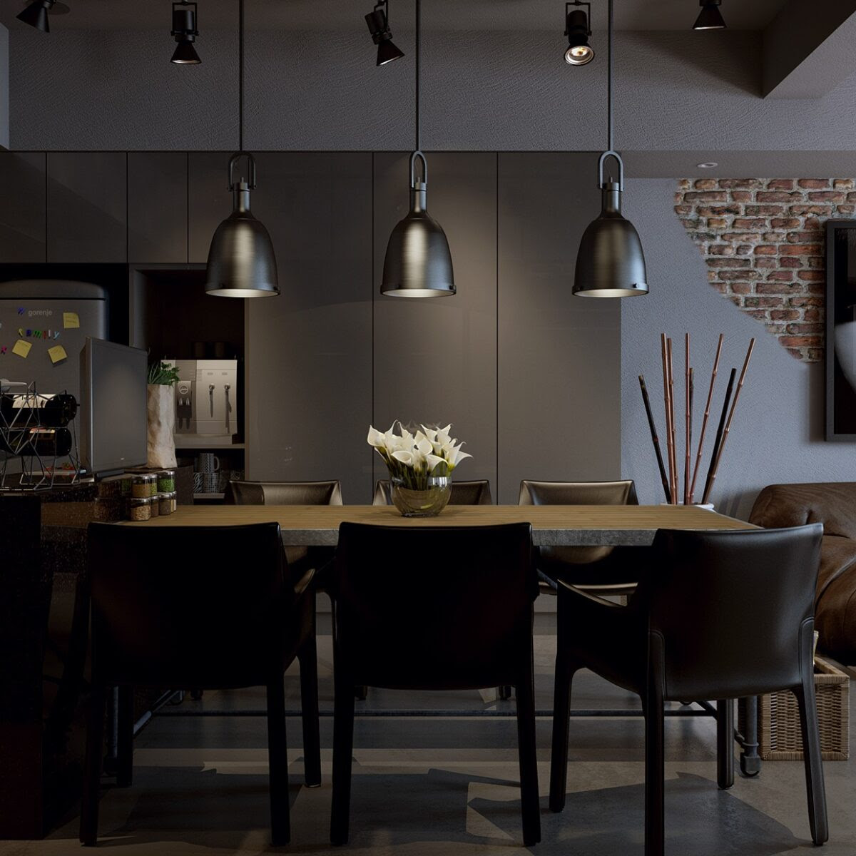 It's always a great idea to combine a few materials to create a unique look. Dark Modern Dining Room Interior Design Ideas