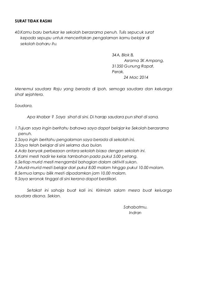 Contoh Karangan Surat Kiriman Tidak Rasmi Format Spm 