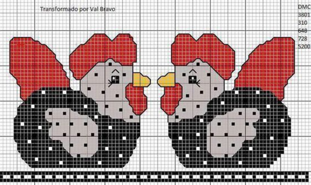 Gráfico de galinha em ponto cruz para tolhas