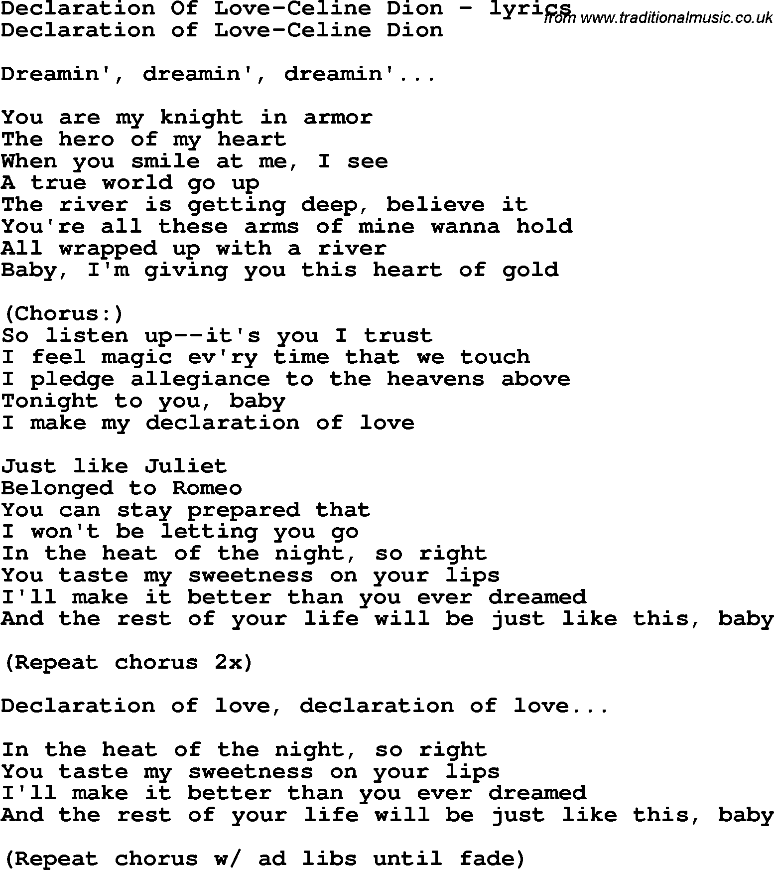 Celine Dion Declaration Of Love Lyrics Celine Dion Songs Age