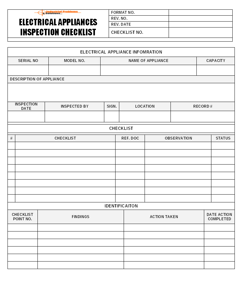 However you can also personalise your hecklist format according to your requirement over excel. Electrical Appliances Inspection Checklist Format