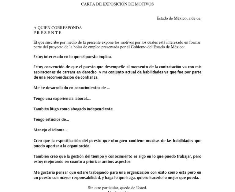 Carta De Exposicion Motivos - u Carta De