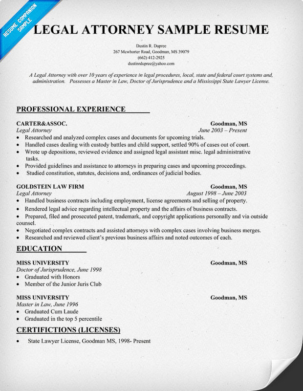 Resume Format: Legal Resume Format Samples
