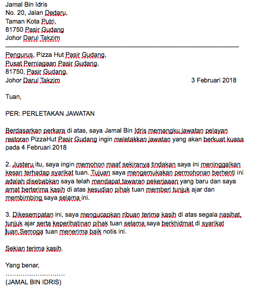 Contoh Surat Berhenti Kerja Dari Majikan Kepada Pekerja Contoh Surat Terbaru