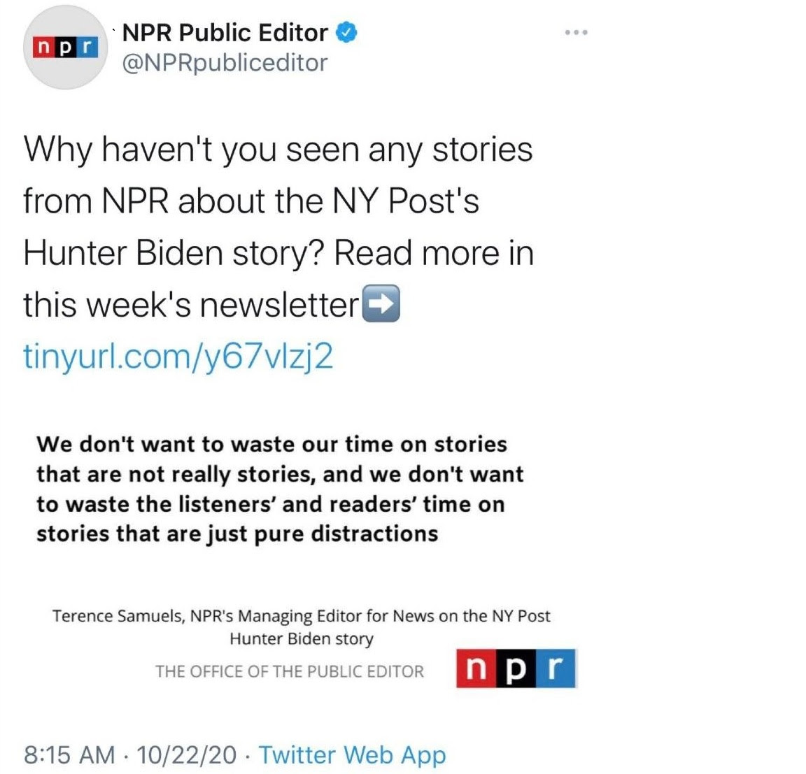 Screenshot of NPR twitter feed where they c;laim Hunter Biden laptop story is unimportant and a waste of time.