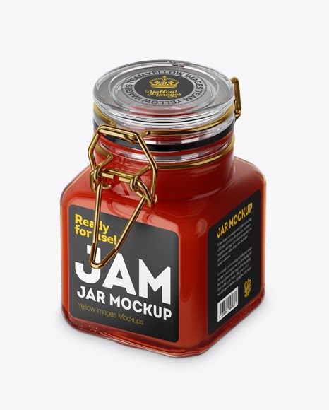 Download 100ml Glass Red Jam Jar w/ Clamp Lid Mockup - Half Side View (High-Angle Shot) PSD Template