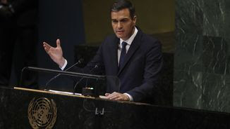 El president del govern espanyol, Pedro Sánchez, durant la seva intervenció en el plenari de l'Assemblea General de l'ONU (EFE)