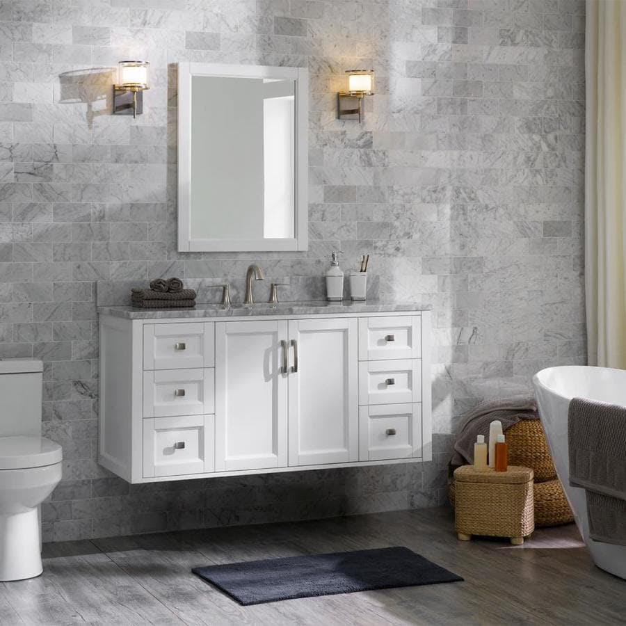 Great for contemporary style decor; Allen Roth Floating 48 In White Undermount Single Sink Bathroom Vanity With Natural Carrara Marble Top In The Bathroom Vanities With Tops Department At Lowes Com