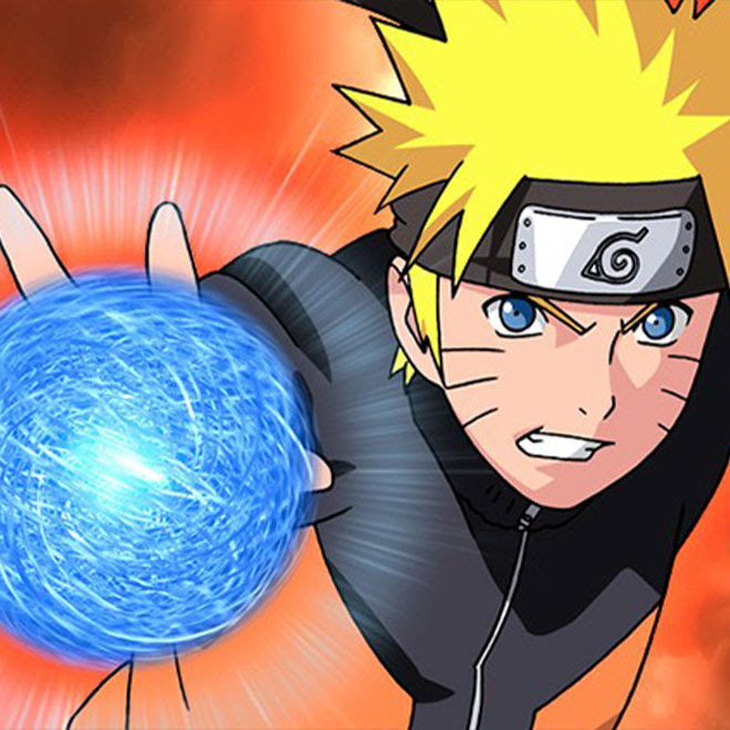 Naruto Uzumaki attacks with his signature Rasengan energy ball.