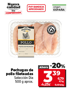 Pechugas de pollo fileteadas Selección Dia 500g aproximadamente, ahora un 20% más barato a 3,39€ a 6,79€/kg; antes a 4,25€ a 8,49€/kg.