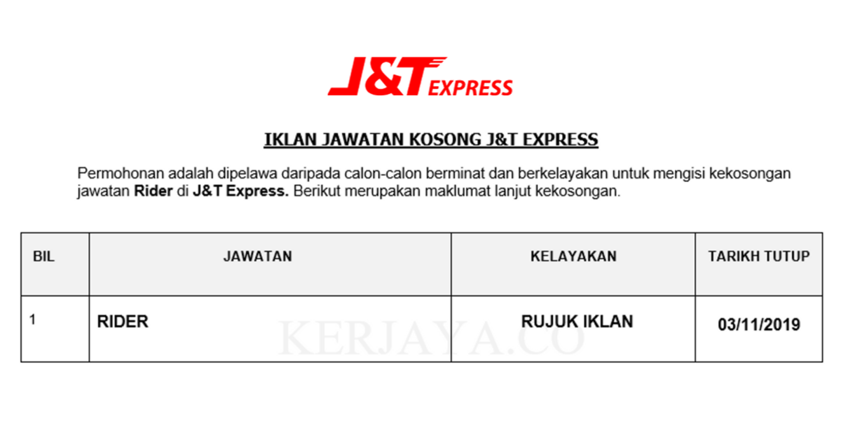 Berikut merupakan maklumat iklan kerja kosong yang ditawarkan oleh majikan terlibat. Permohonan Jawatan Kosong J T Express Rider Portal Kerja Kosong Graduan