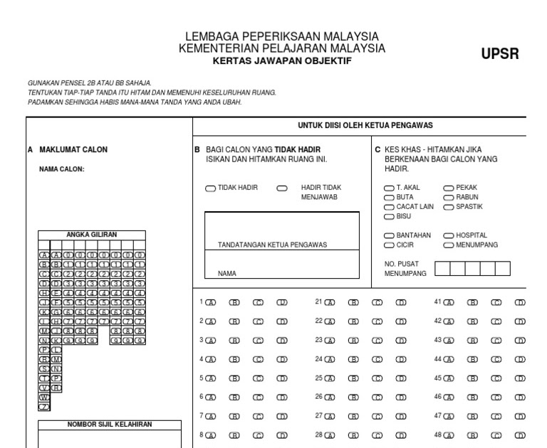 Contoh Kertas Jawapan Omr Upsr - Kota Joglo