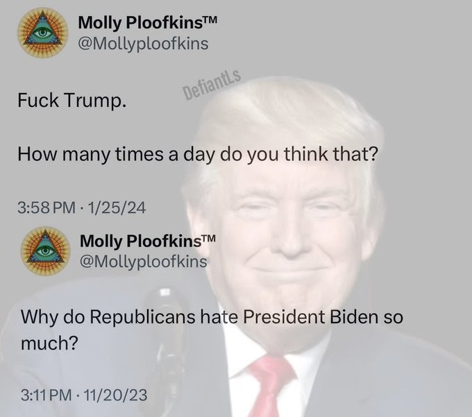 Hypocrite Molly Ploofkins cusses out Trump then asks why aRepublicans would dislike Biden.