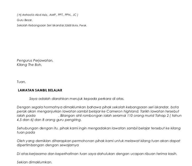 Contoh Surat Rasmi Untuk Lawatan - Rasmi H