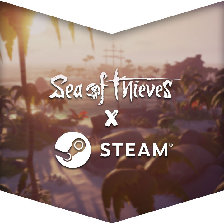 The Sea of Thieves and Steam logos over a background of a tropical island from Sea of Thieves