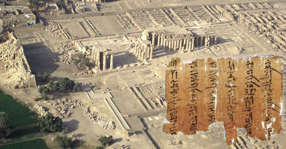 Aerial view of Thebes' Ramesseum, showing pylons and secondary buildings and the Medical Papyri.