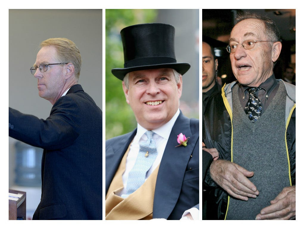 From left, Paul Cassell, Prince Andrew, Alan Dershowitz