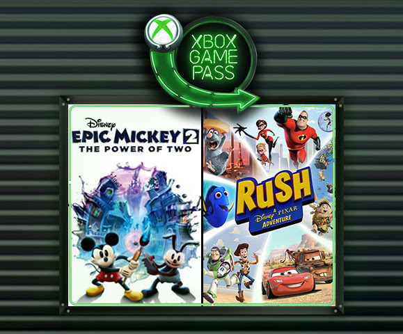The Xbox Game Pass logo above two images of box art for RUSH and Epic Mickey 2.