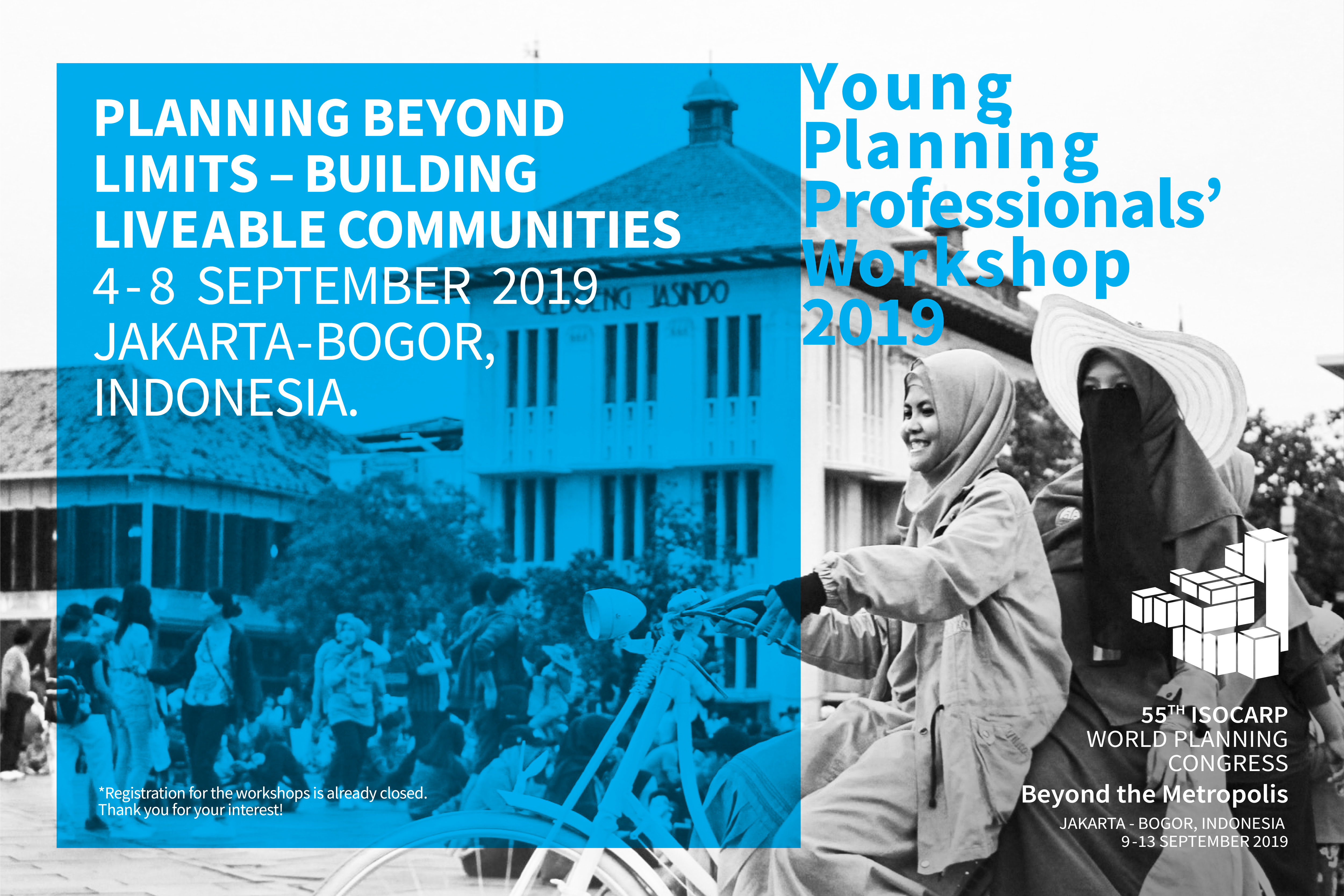 Di bawahnya terdapat pita dengan semboyannya bersekutu bertambah mutu. Young Planning Professionals Workshop Jakarta Bogor Indonesia 2019 Isocarp