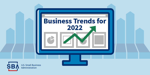 Illustration of a monitor with the following text, Business Trends for 2022. The SBA logo is at the bottom.