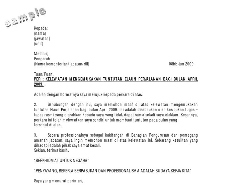 Contoh Surat Rasmi Tuntutan Elaun - GRasmi