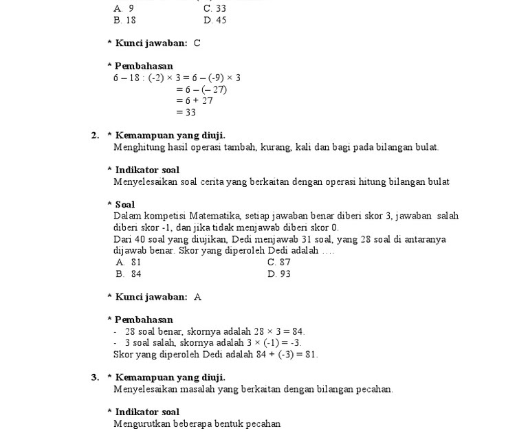 Contoh Soal Operasi Hitung Bilangan Bulat Kelas 7 - Soal-Soal