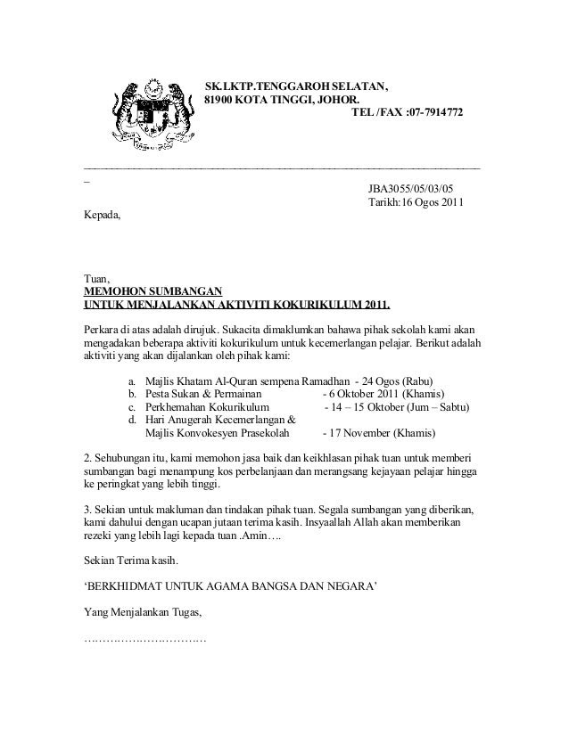 Contoh Karangan Surat Kiriman Rasmi Aduan Kerosakan 