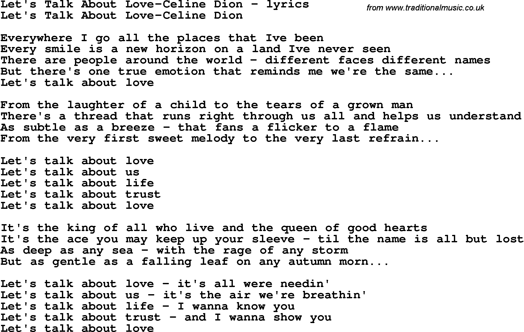 Celine Dion Songs Age Celine Dion Let Talk About Love Lyrics