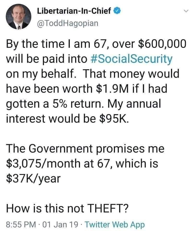 Screenshot of tweet whereby a libertarian outliunes the Social Security scam.