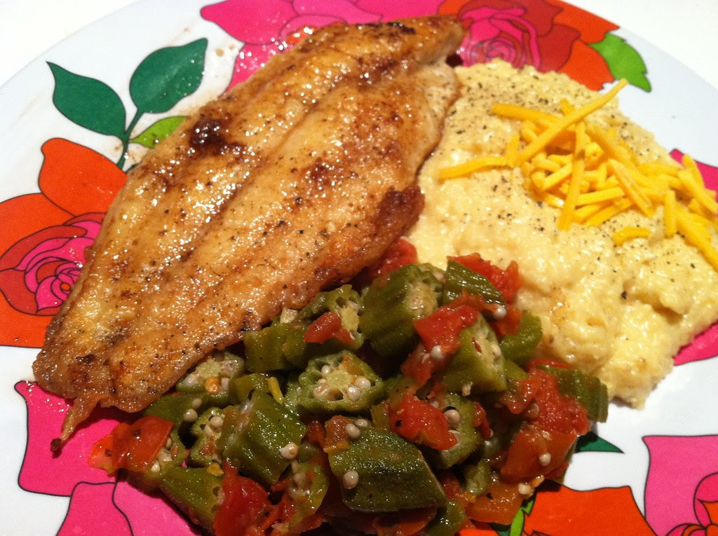 I can not eat fried catfish without potato salad and a good bread roll! A Taste Of Home Southern Fried Catfish Cheddar Grits And Stewed Okra Ugly Food Tastes Better