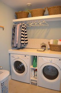 Fun Home Things: 10 Laundry Room Ideas. The counter atop the washer/dryer and shelf above with room for hangers is all SO great!: 