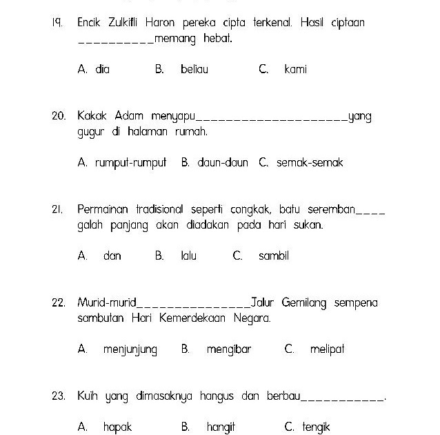 Soalan English Tahun 2 2019 - Contoh ABCD