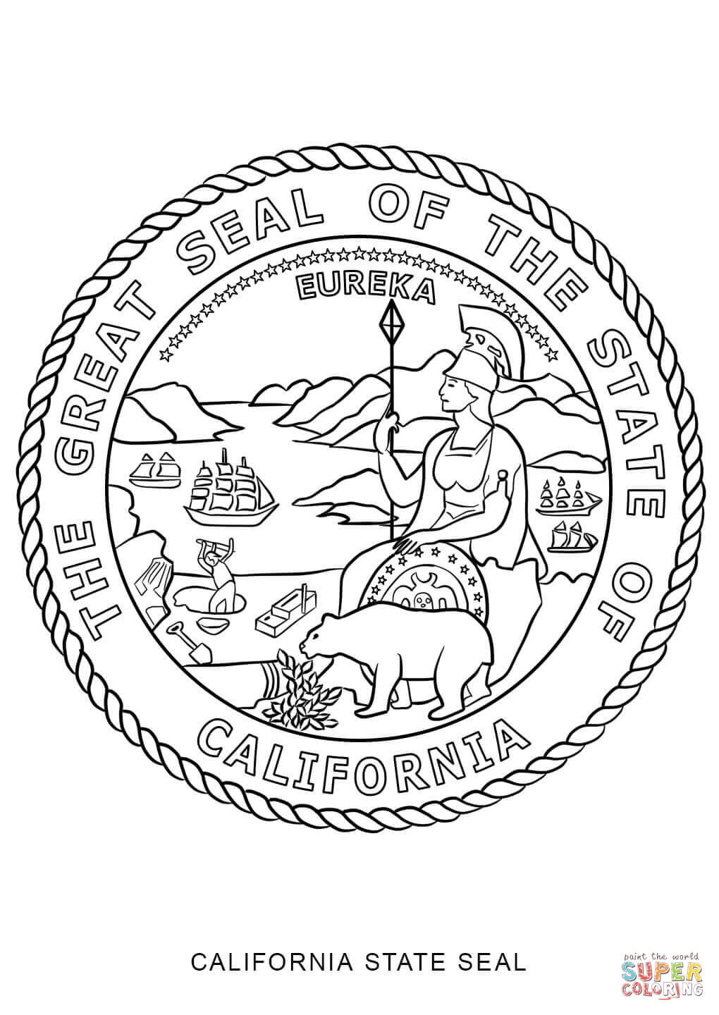 A sailor and miner show that the people work on water and land. California State Seal Coloring Page Free Printable Coloring Pages