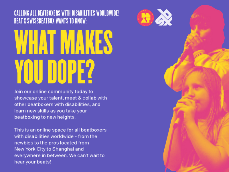 Information about the online community for beatboxers with disabilities next to an orange shaded picture of two kids holding microphones. There is a purple background with BEAT and Swissbeatbox logos on the top side in between the information and the kids.