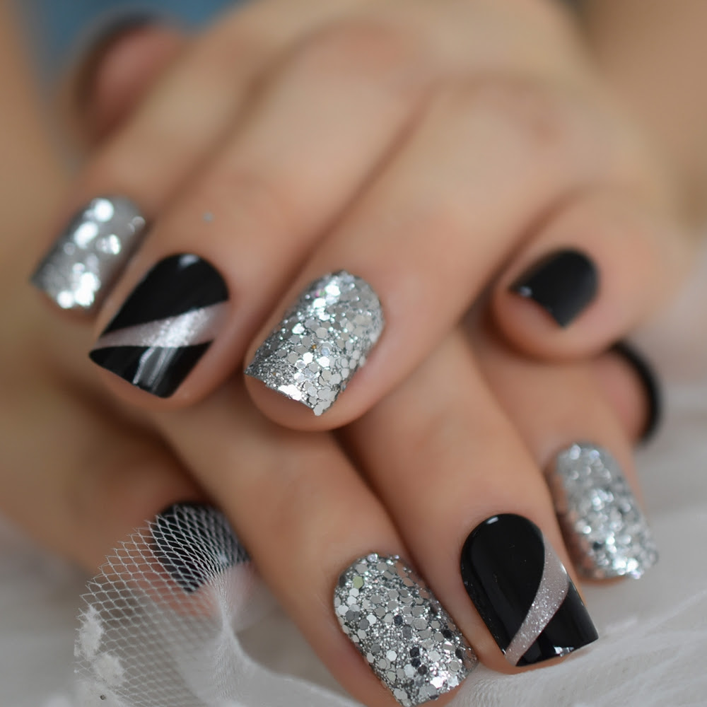 Uñas acrilicas negras punta diamantecon nuevo efecto muy glamurosas. Unas Postizas De Plata Falsa Purpurina Ongles Unas Cortas Negras Unas Postizas Brillantes Unas Acrilicas Artificiales Para Dedos Unas Postizas Aliexpress
