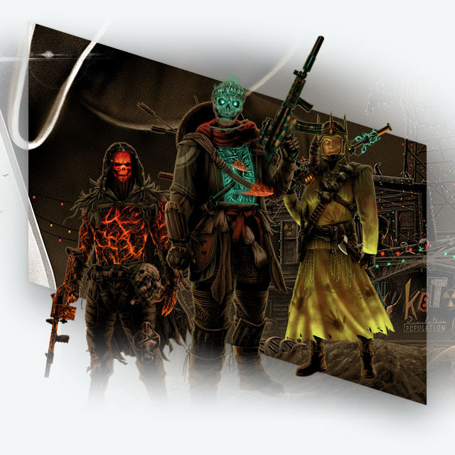 Three Call of Duty characters wielding weapons with horror-themed armor and skeletal heads.