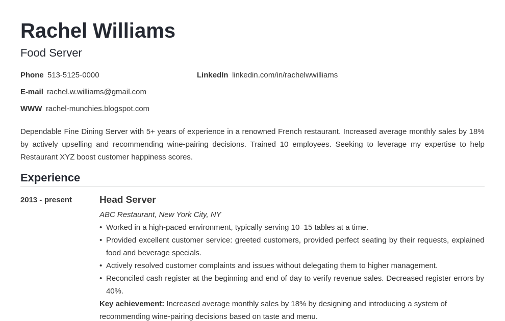 Responsibility Of Servers On Resume / How To Describe ...