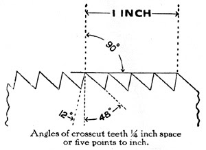 L'angle de la lime par rapport à la verticale est d'environ 12 degrés comme sur le schéma ci-bas, courtoisie de vintagesaws.com. J'alterne le limage. Je réduis les plats d'un côté et je tourne la scie pour faire la même opération de l'autre côté. Ceci prévient un des problèmes fréquemment rencontré qui est d'avoir une grosse dent suivi d'une petite dent, etc. Maintenant que tous les plats sont égaux c'est l'affûtage normal en respectant les deux angles décrits ci-haut et en m'assurant que j'arrête de limer immédiatement lorsque le plat disparait. Toute l'opération d'affûtage m'a demandé environ 90 minutes.