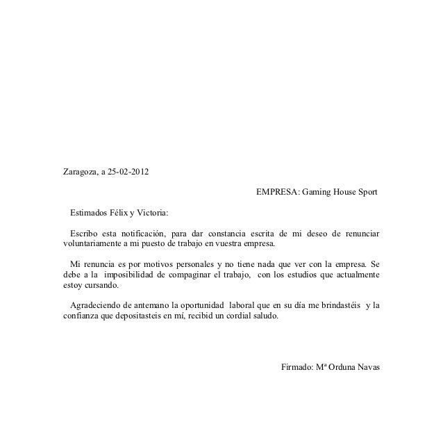Carta De Renuncia Trabajo Modelo - t Carta De