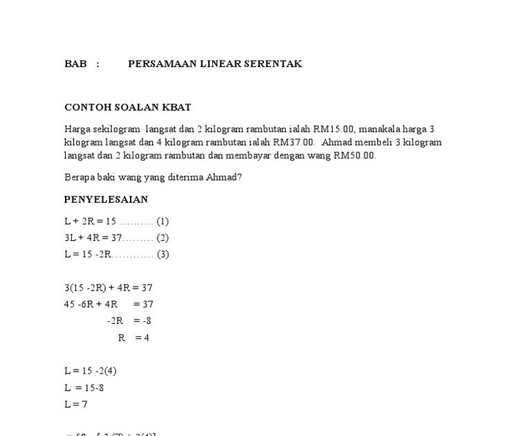 Contoh Soalan Kbat Persamaan Linear - Masaran x