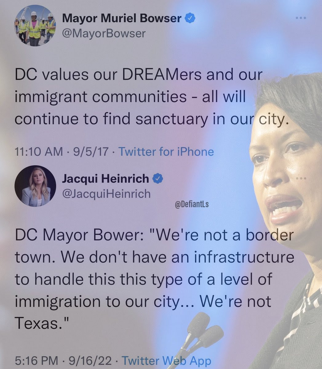 Hypocrite Muriel Bowser, DC Mayor. In a tweet she welcomes immigrants. Later says there are too many and they have got to go.