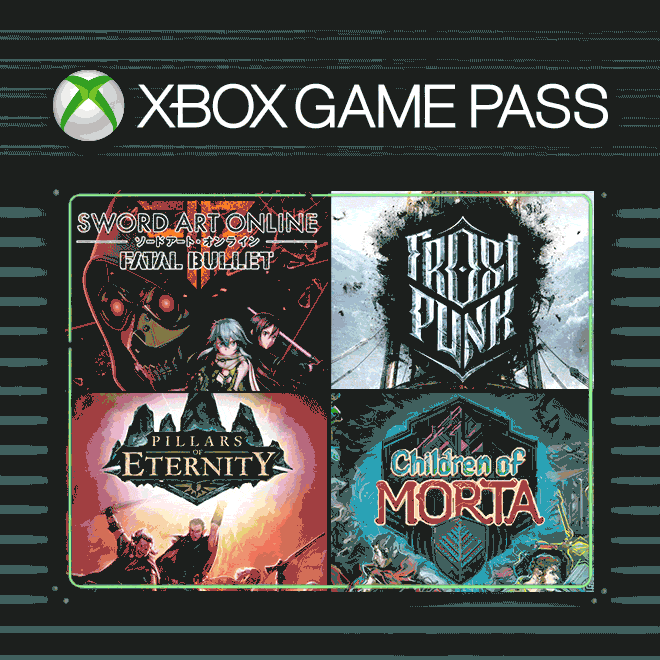 The Xbox Game Pass logo above an animated rectangle of cover art for the games Sword Art Online: Fatal Bullet, Frostpunk, Pillars of Eternity, and Children of Morta that periodically zooms in and out of each game's art.