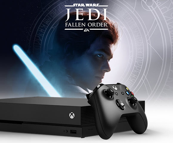 The Star Wars Jedi: Fallen Order logo appears above main character Cal Kestis and his lightsaber with an Xbox One X and Xbox One controller in the foreground.