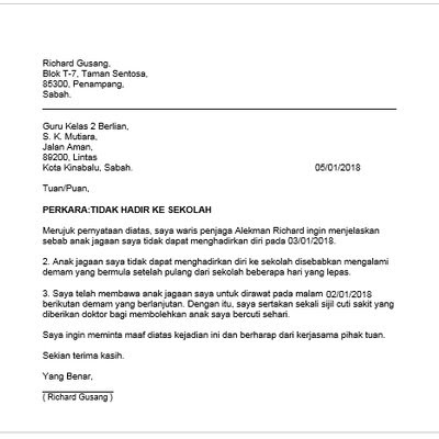 Surat Rasmi Cuti Sakit Pelajar - VRasmi