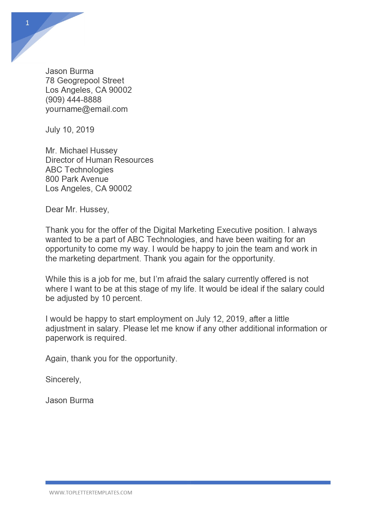 Thank You Letter For Job Offer Accepted Letter