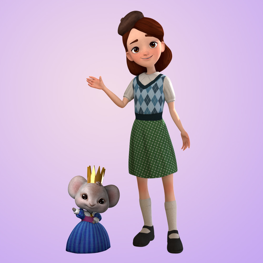 A picture of an animated mouse in a dress and crown and a girl in 1940s clothes