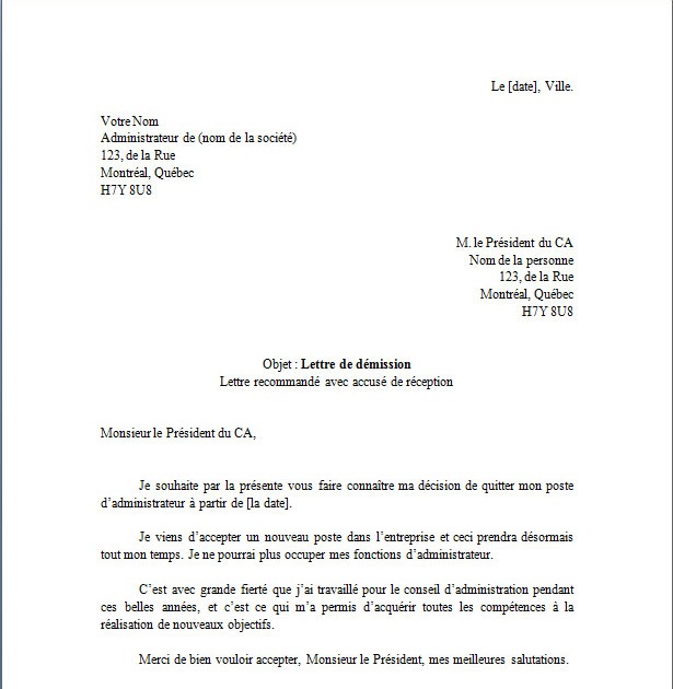 doit on envoyer une lettre de démission en recommandé